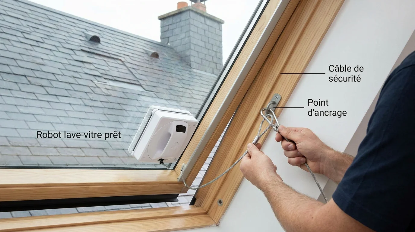 Fixation du câble de sécurité sur le cadre d'un Velux avant utilisation d'un robot lave-vitre
