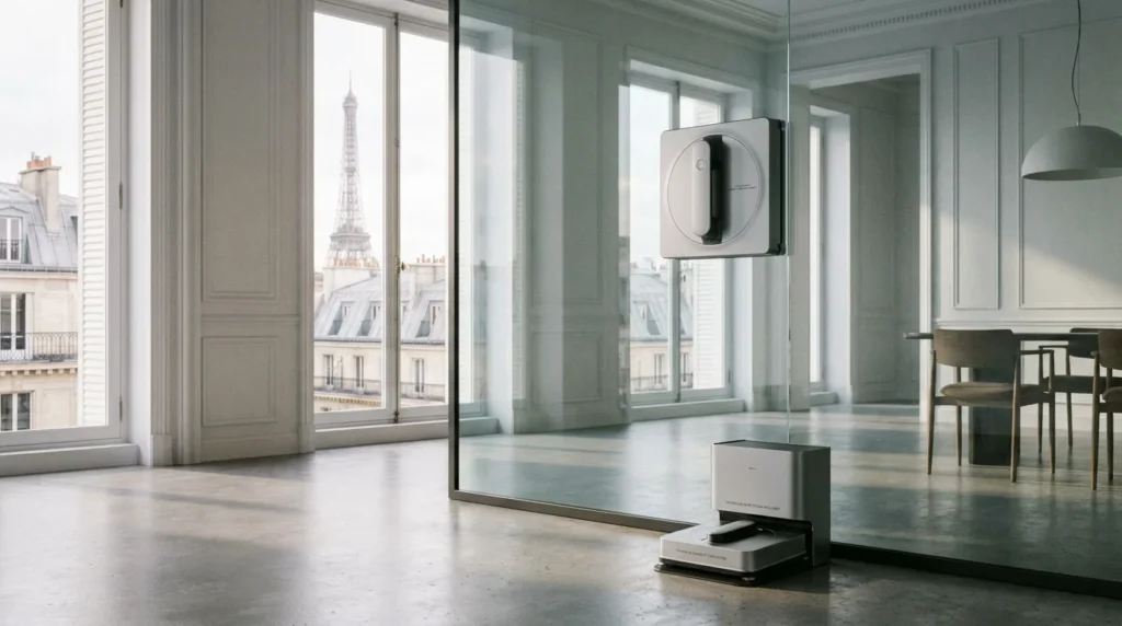 Robot lave-vitre avec station de nettoyage posé sur une baie vitrée moderne