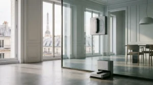 Robot lave-vitre avec station de nettoyage posé sur une baie vitrée moderne