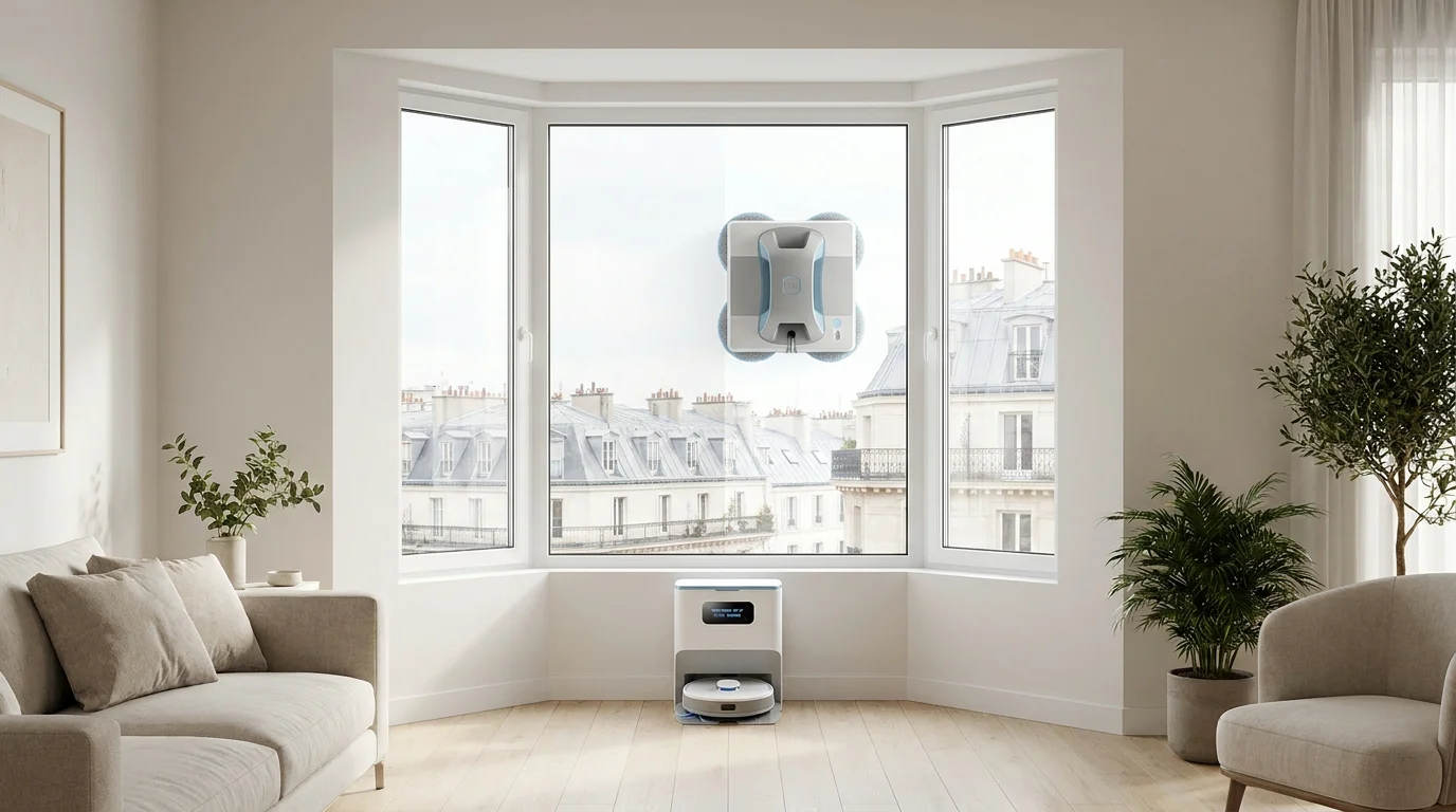 Robot lave-vitre automatique avec sa station de nettoyage dans un salon moderne