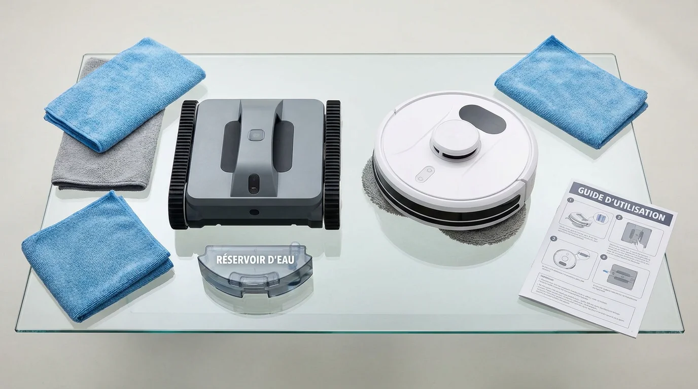 Comparaison entre un robot lave-vitre carré et un modèle rond avec accessoires de nettoyage