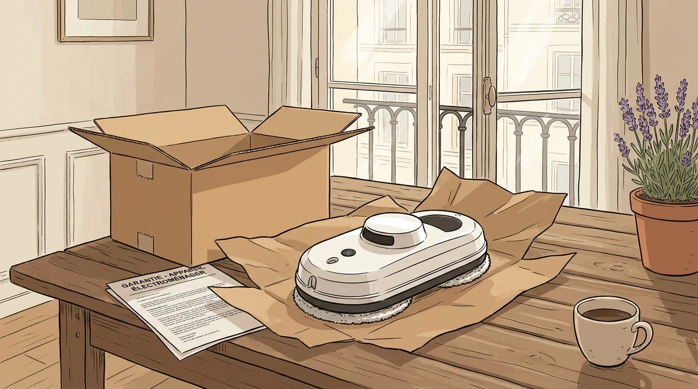 Robot lave-vitre déballé avec document de garantie dans un intérieur français