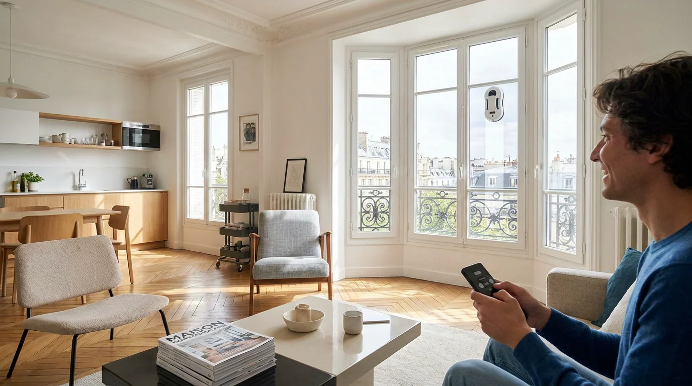Personne pilotant un robot lave-vitre sur une grande baie vitrée dans un salon moderne
