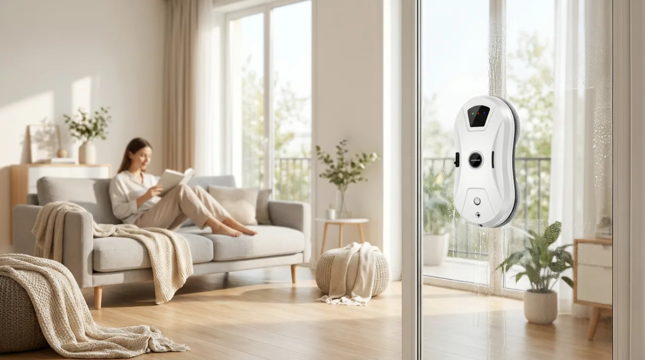 Robot lave-vitre en action sur une grande baie vitrée dans un salon moderne avec corde de sécurité
