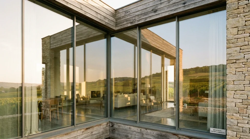 Façade moderne d'une maison en France avec grandes baies vitrées nécessitant un nettoyage automatisé