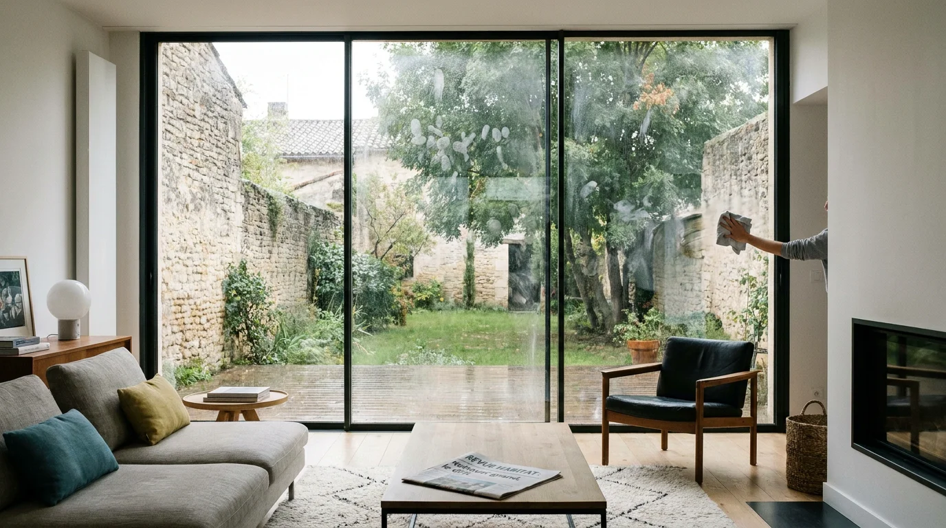 Grande baie vitrée dans un salon moderne avec traces visibles sur la surface