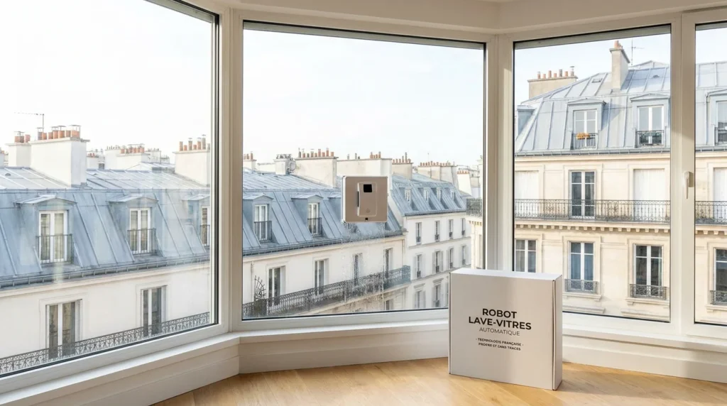 Robot lave-vitres en action sur une grande baie vitrée d'un appartement moderne en France