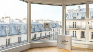 Robot lave-vitres en action sur une grande baie vitrée d'un appartement moderne en France