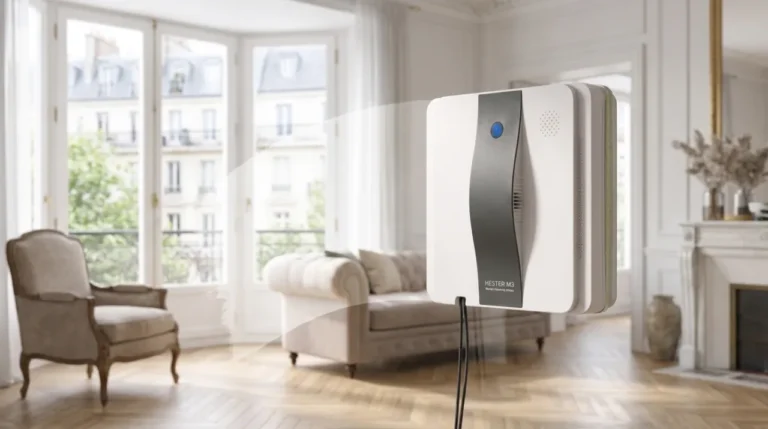 Robot lave-vitres en action sur une grande baie vitrée d'un appartement moderne en France