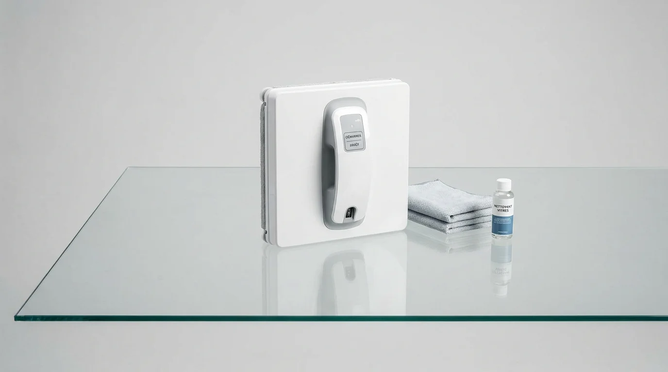 Robot lave-vitres compact posé sur une vitre propre en studio