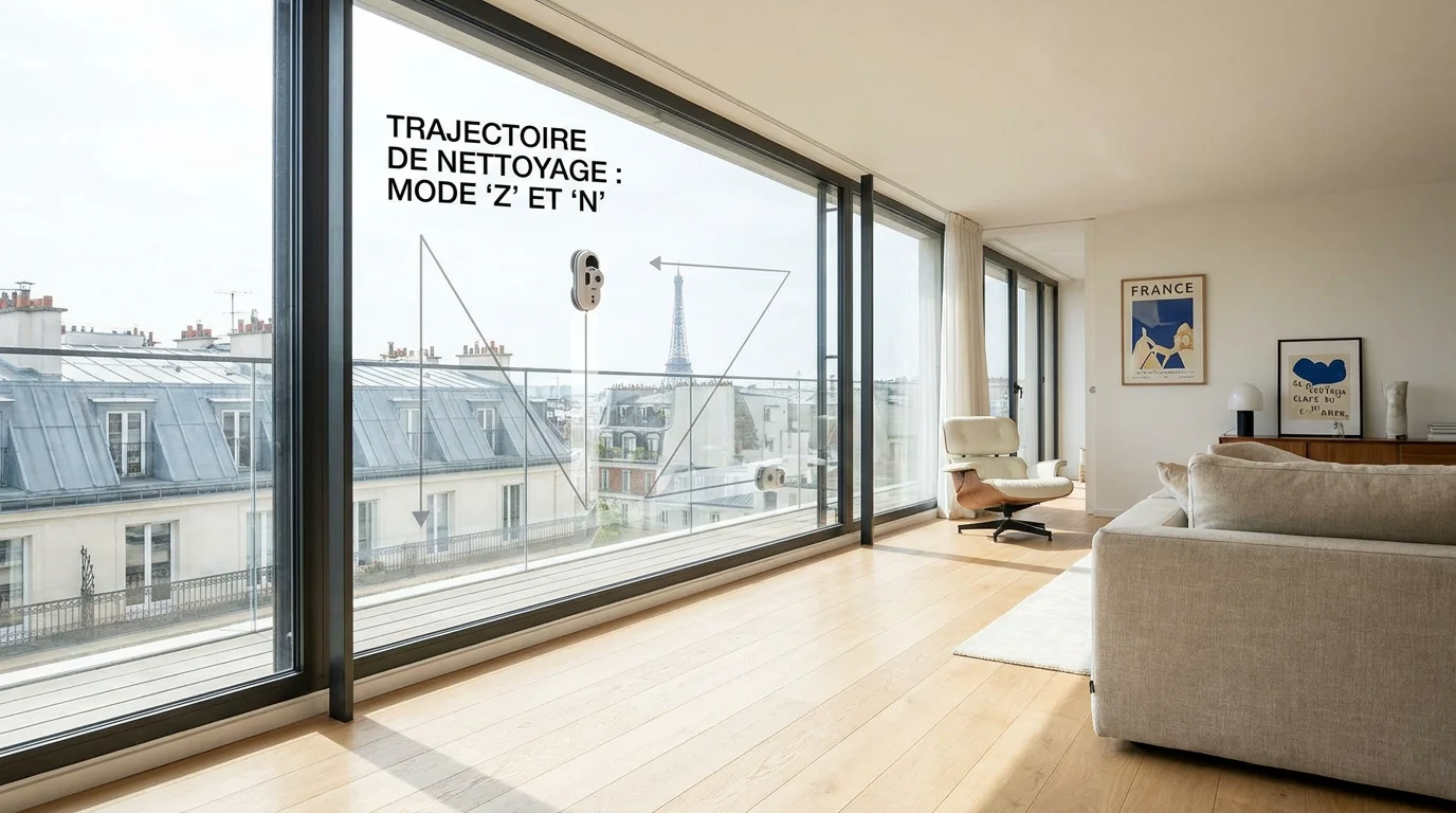Illustration des trajectoires de nettoyage en N et Z sur une grande baie vitrée de salon