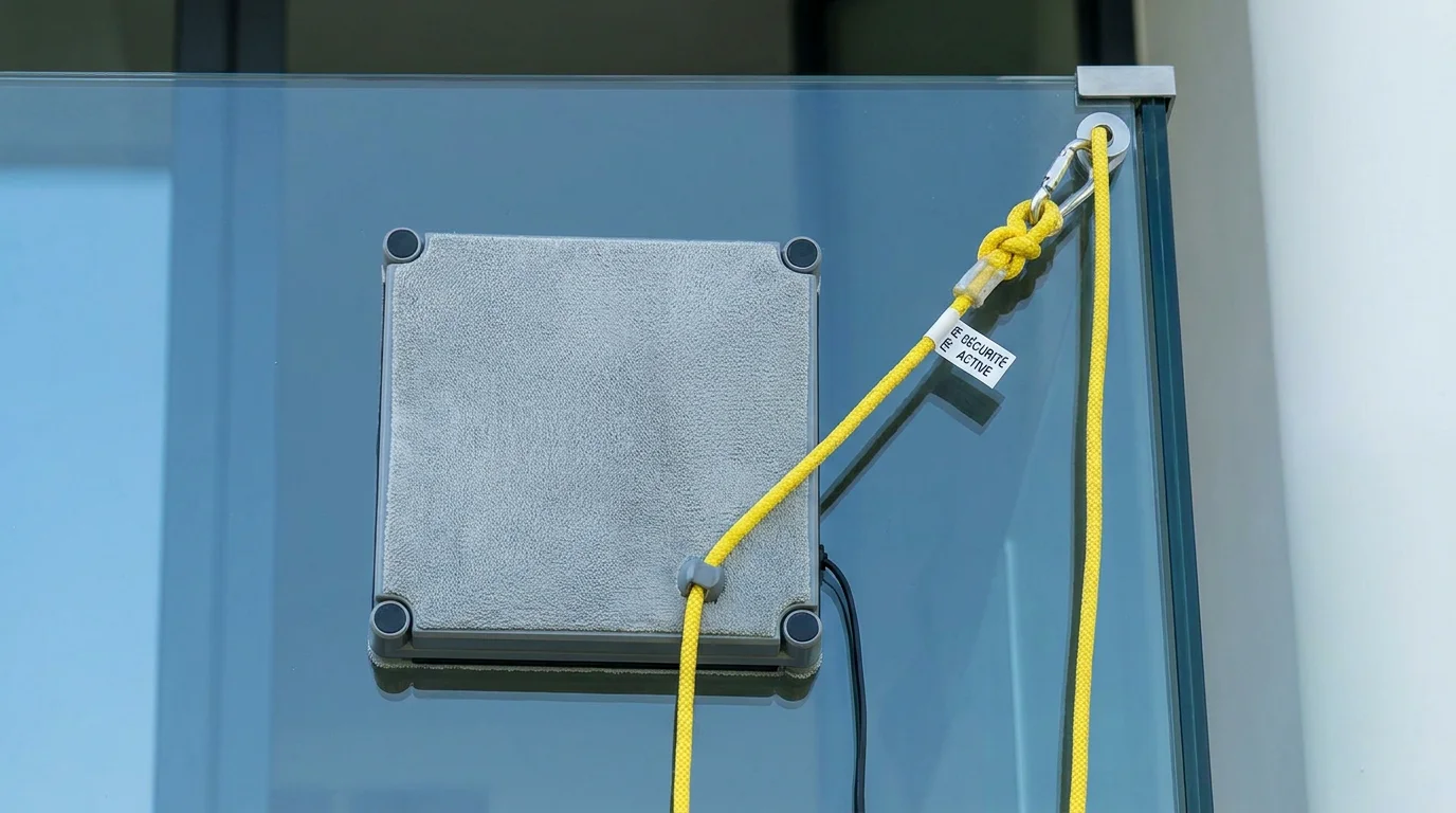 Robot lave-vitre sur une vitre sans cadre avec corde de sécurité visible