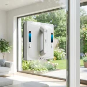 Robot lave-vitre ABIR WD9 sur une baie vitrée donnant sur un jardin