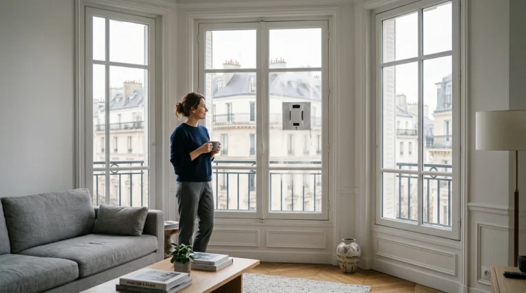 Robot lave-vitre nettoyant une grande baie vitrée dans un appartement moderne