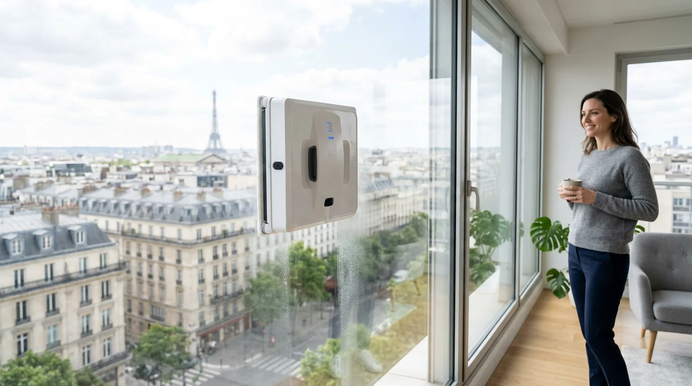 Robot lave-vitre compact nettoyant une baie vitrée en intérieur