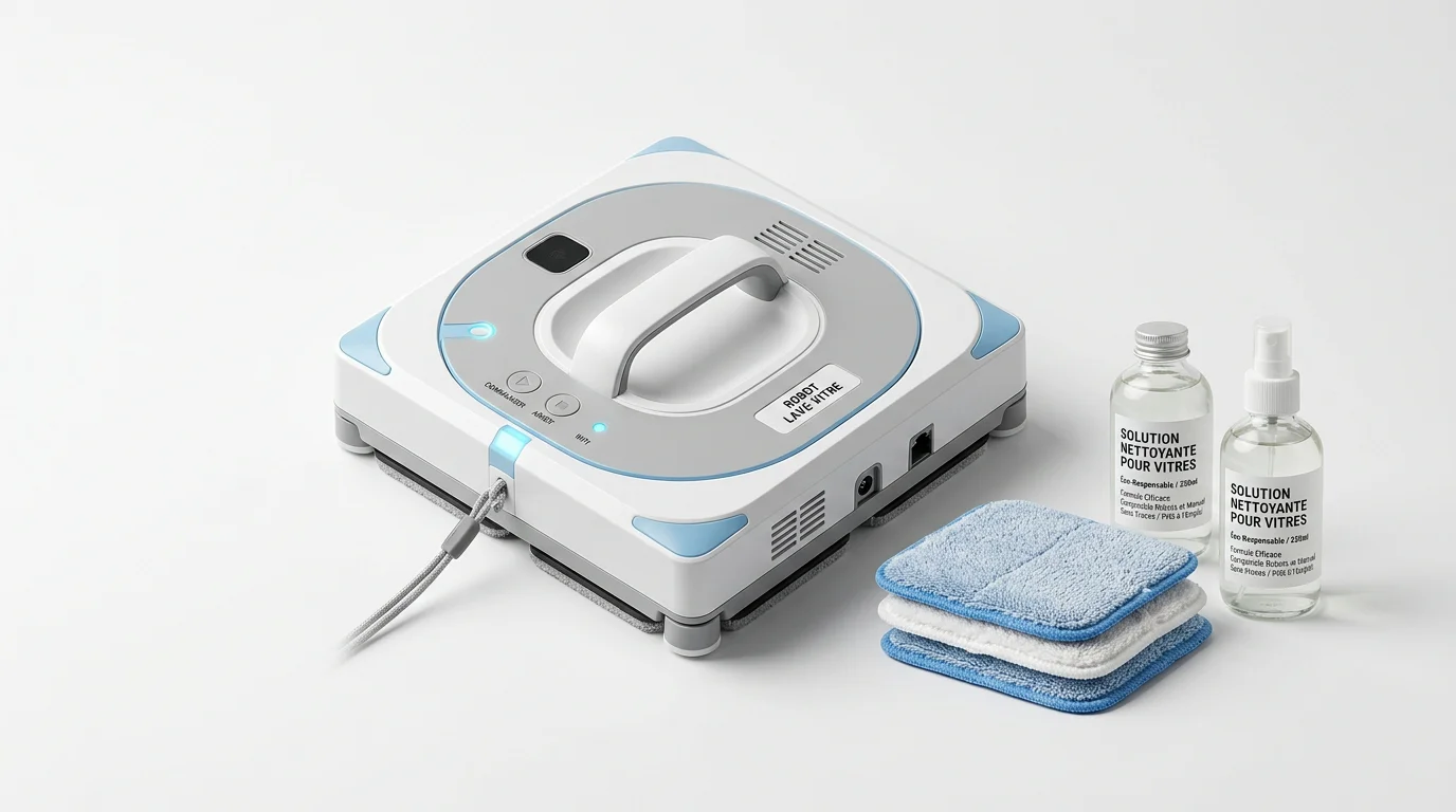 Robot lave-vitre et ses consommables microfibre présentés sur fond blanc