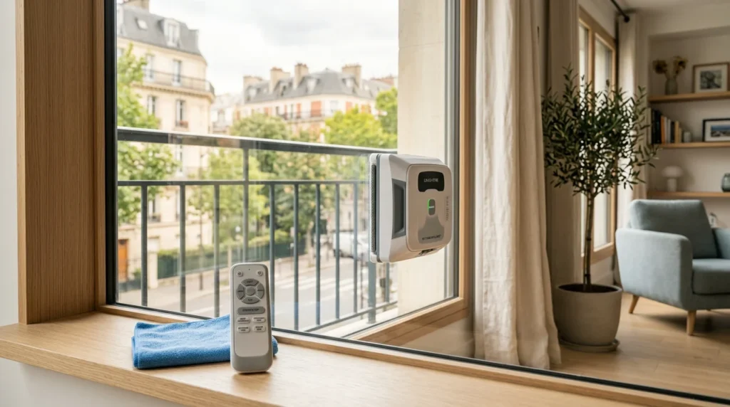 Robot lave-vitre sur une baie vitrée avec sa télécommande de remplacement au premier plan