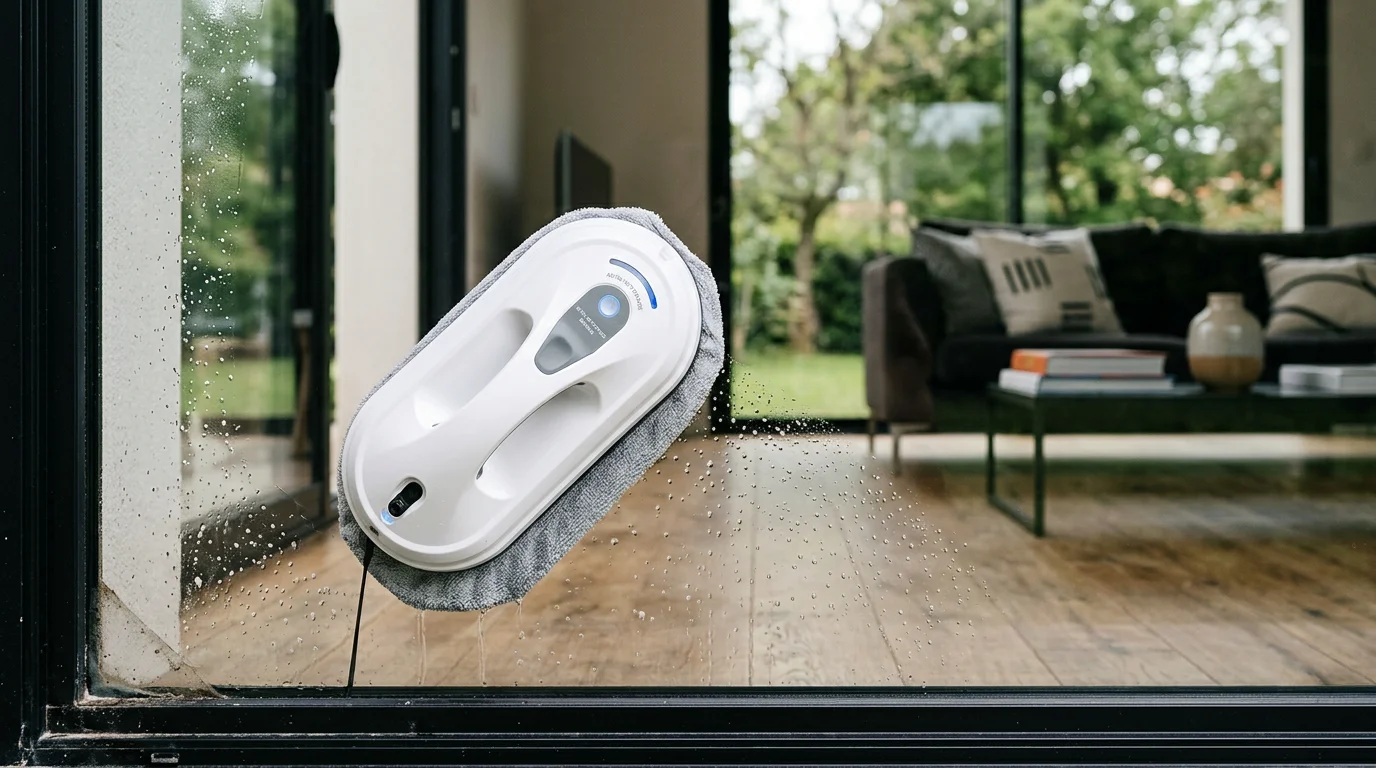 Gros plan d'un robot lave-vitre nettoyant une baie vitrée avec un angle non atteint