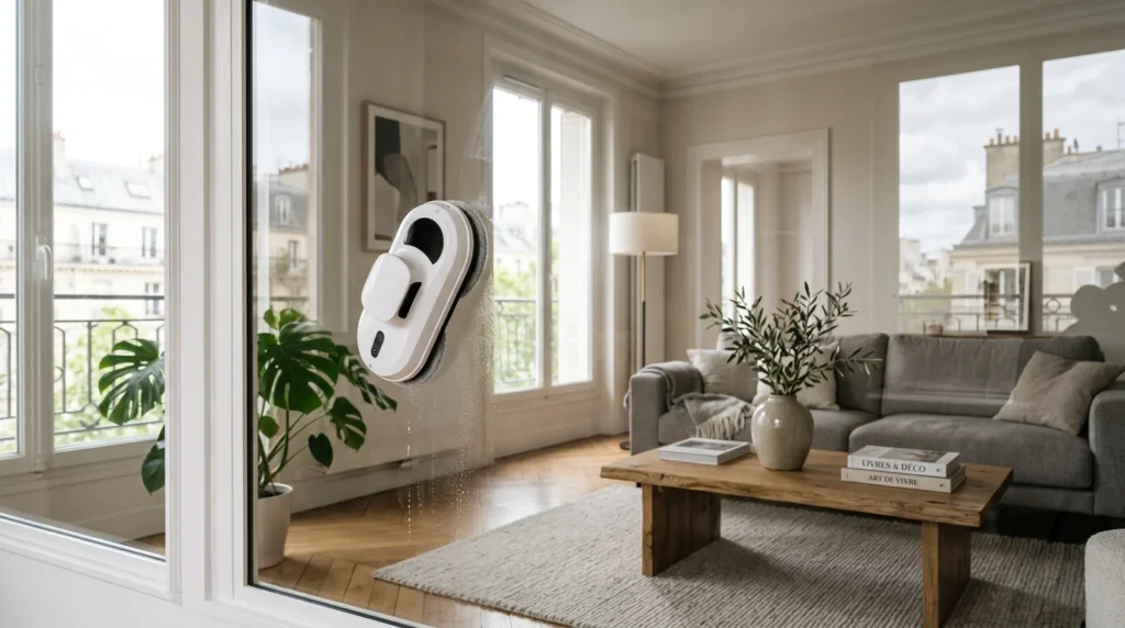 Robot lave-vitre sur une grande paroi vitrée d'intérieur lumineuse