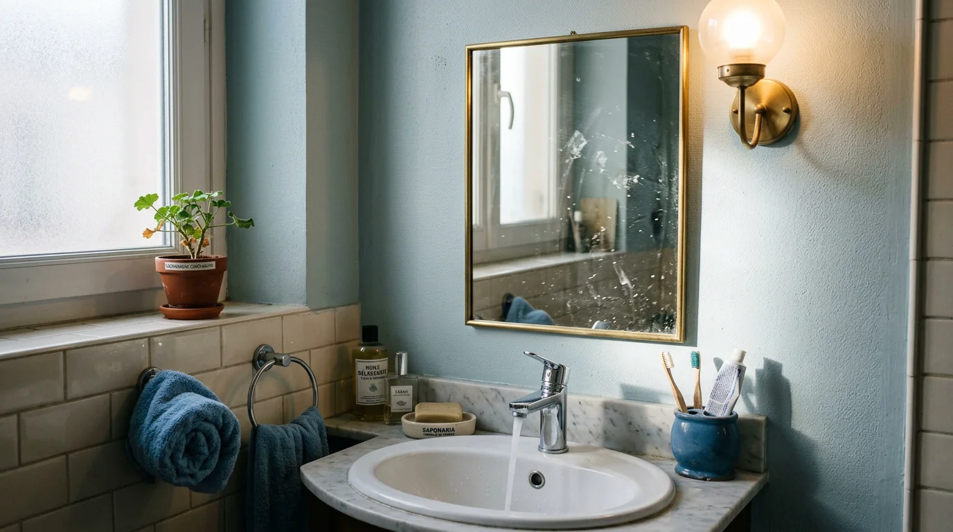 Petit miroir de salle de bain avec obstacles autour du lavabo
