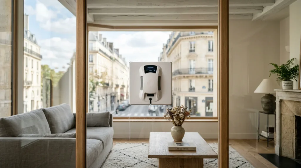 Robot lave-vitre nettoyant une grande baie vitrée dans un salon lumineux
