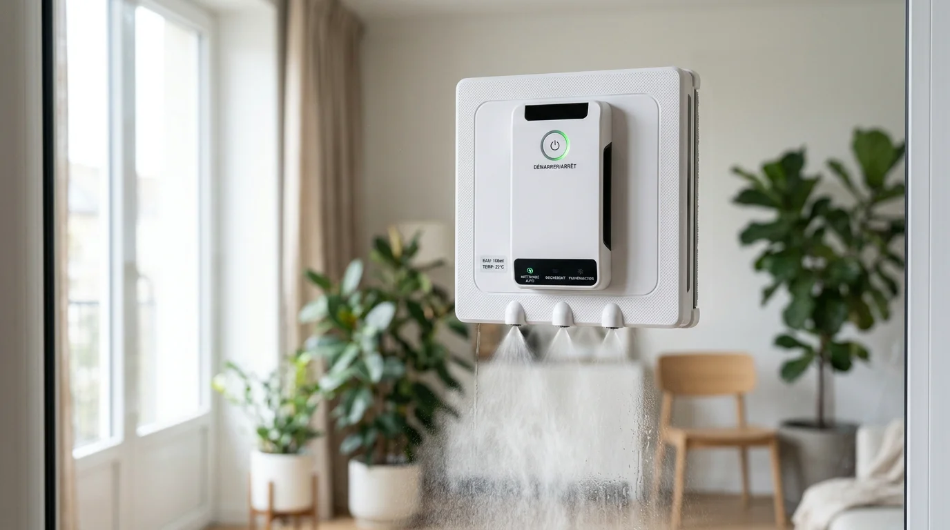 Robot lave-vitre pulvérisant une fine brume sur une grande vitre propre