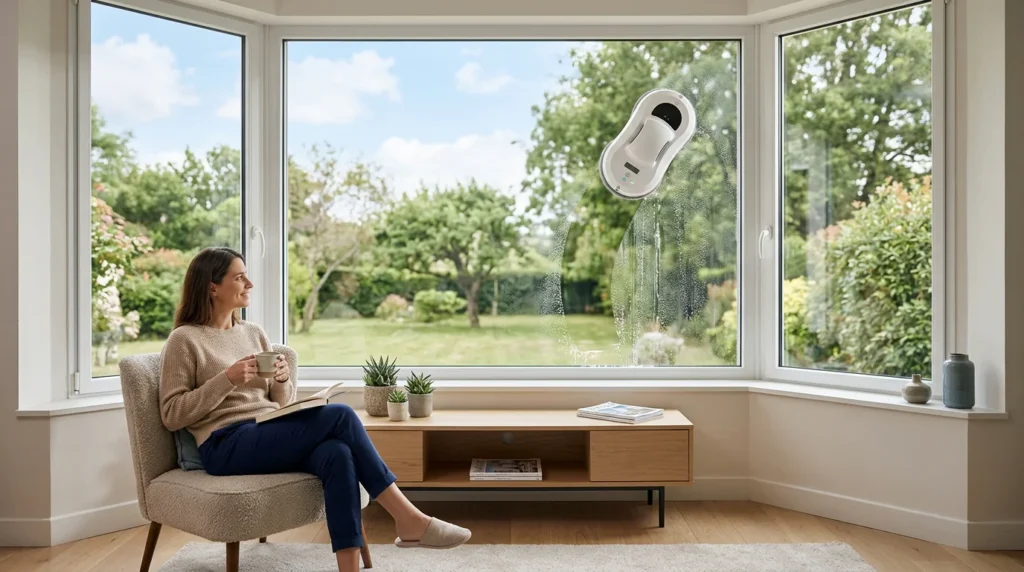 Robot lave-vitre nettoyant une grande baie vitrée ensoleillée