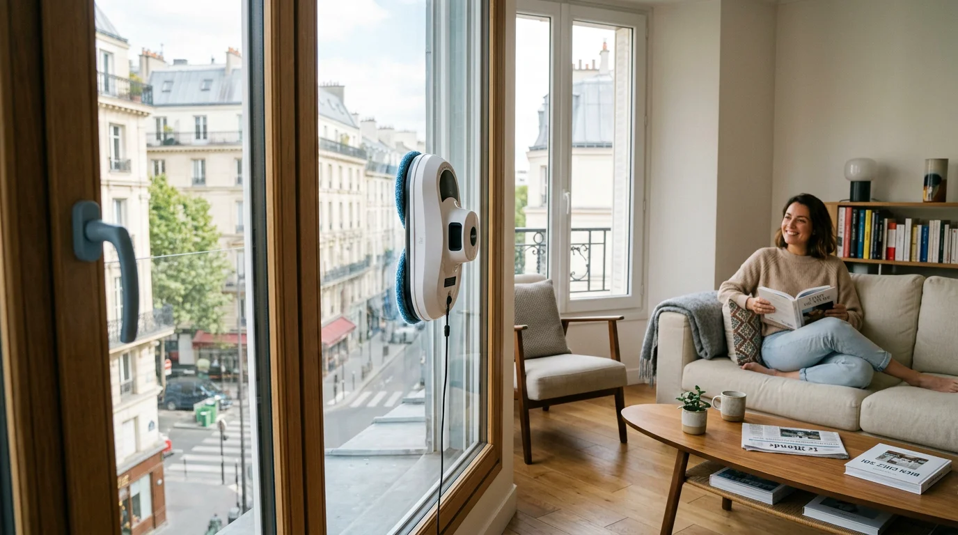 Robot lave-vitre nettoyant une baie vitrée dans un salon lumineux