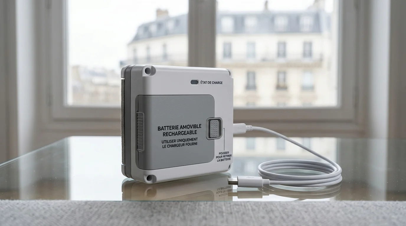 Robot lave-vitre posé sur une vitre à côté de son câble de charge