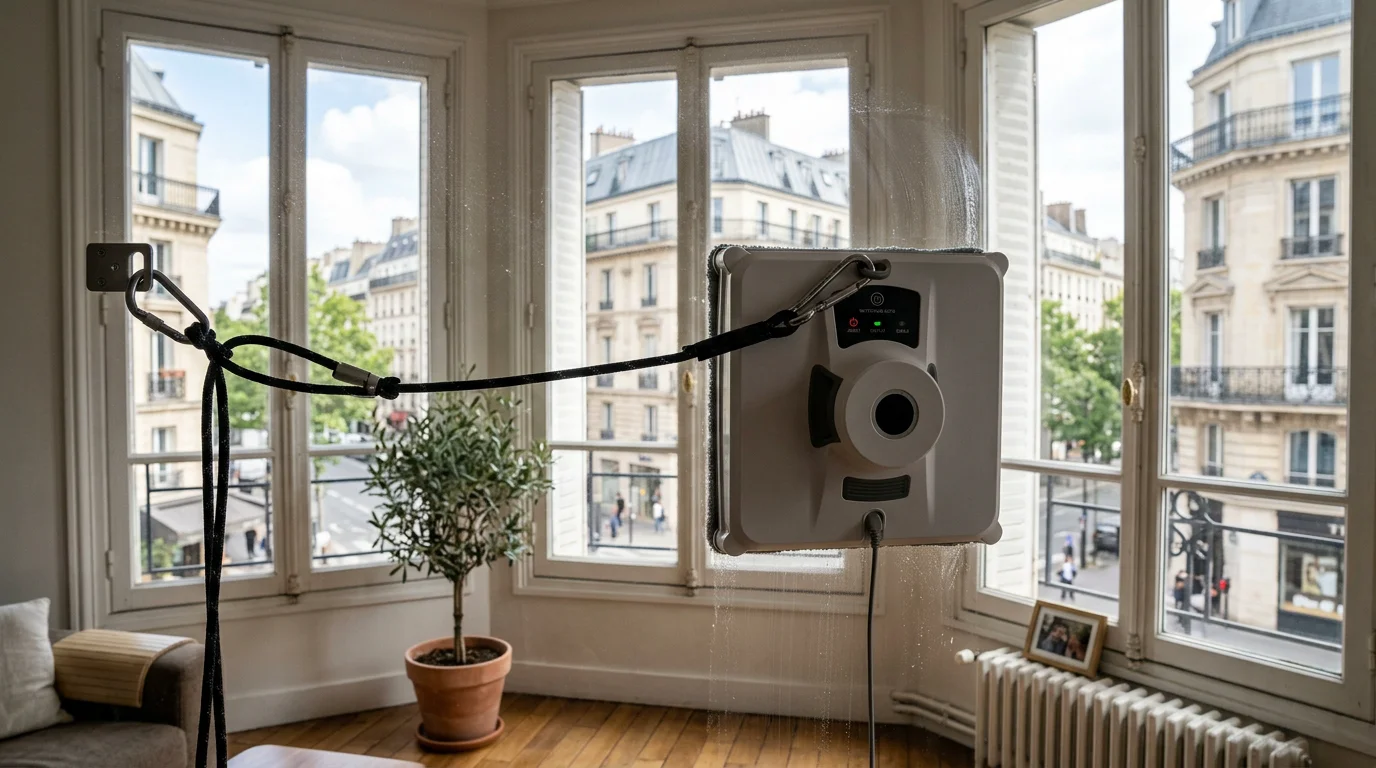 Robot lave-vitre carré fixé sur une baie vitrée avec corde de sécurité