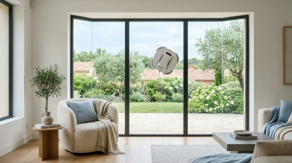 Robot lave-vitre automatique nettoyant une grande baie vitrée dans une maison lumineuse