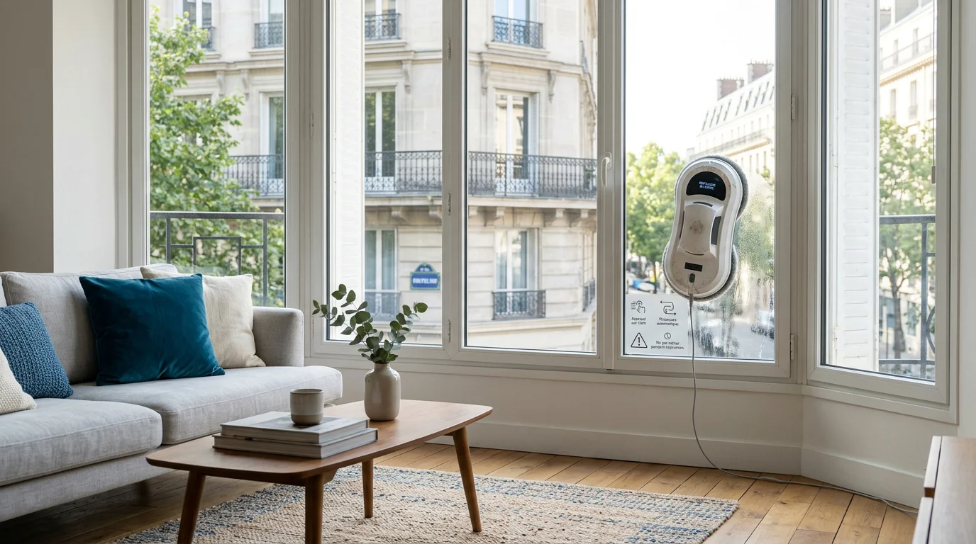 Robot lave-vitre fixé sur une grande baie vitrée dans un salon lumineux