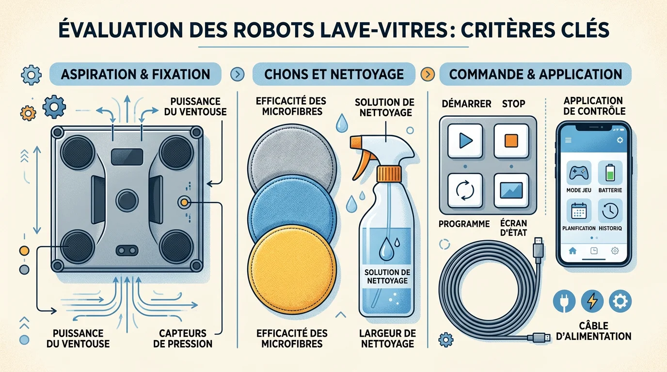 Comparatif visuel des critères d'un robot lave-vitre disposés à plat