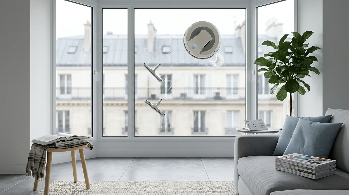 Robot lave-vitre nettoyant une grande baie vitrée dans un salon