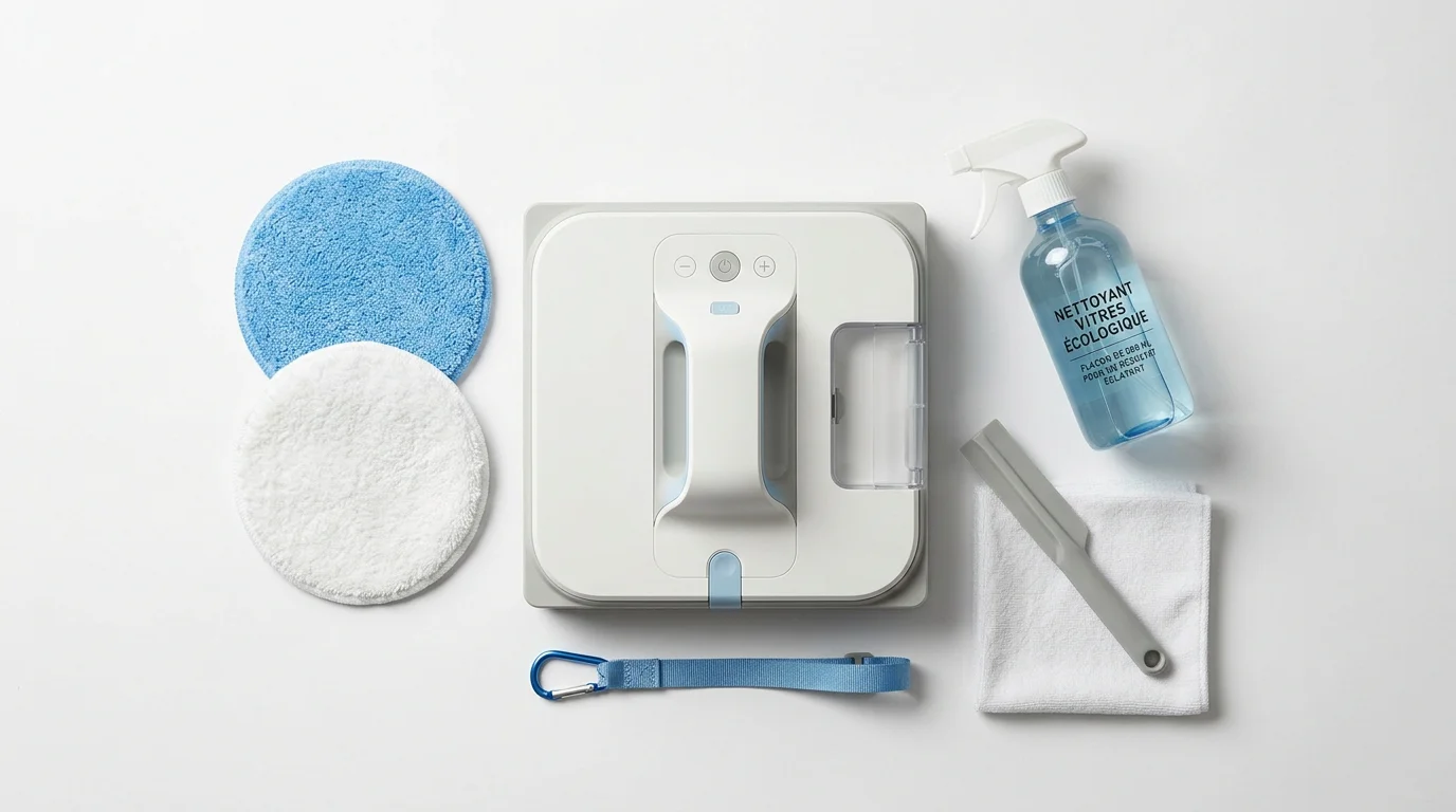Robot lave-vitre et accessoires de nettoyage disposés sur fond blanc
