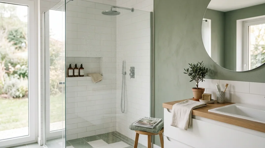 Paroi de douche en verre dans une salle de bain moderne et lumineuse