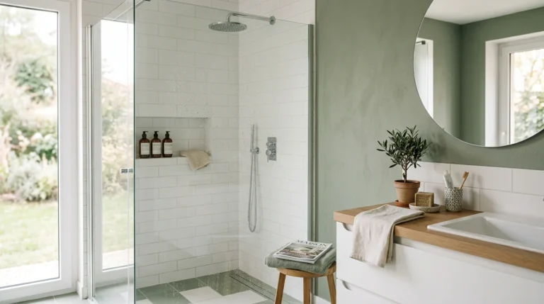 Paroi de douche en verre dans une salle de bain moderne et lumineuse