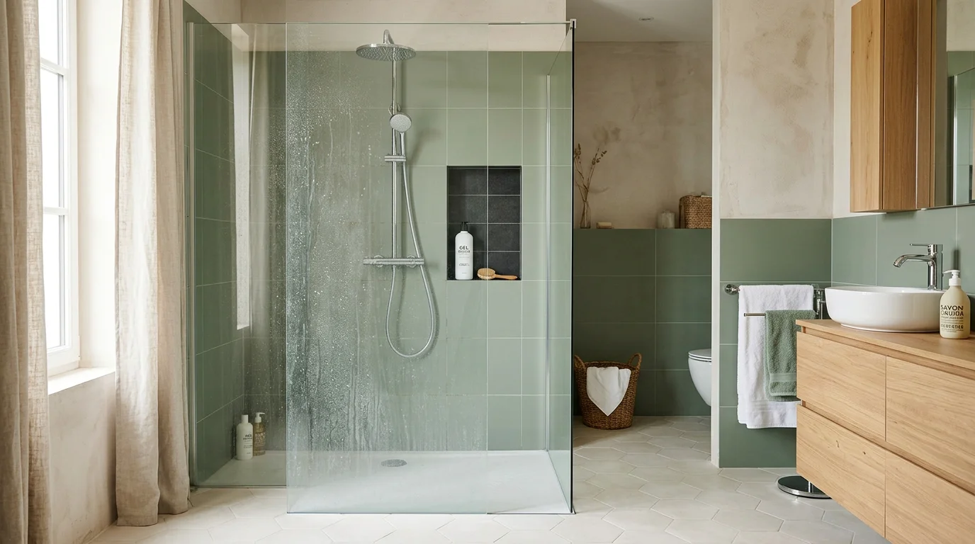 Paroi de douche en verre partiellement entartrée comparée à une surface propre