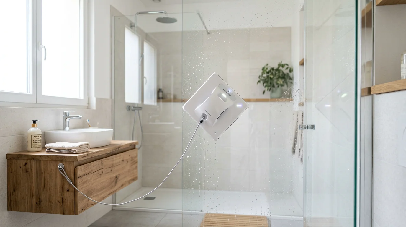 Robot lave-vitre nettoyant une paroi de douche en verre dans une salle de bain moderne