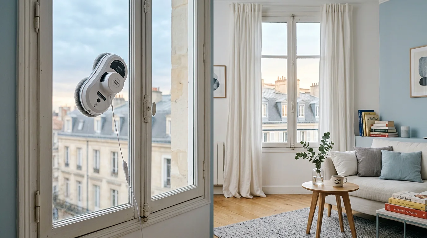 Robot lave-vitre en fonctionnement sur une baie vitrée à la lumière douce du matin