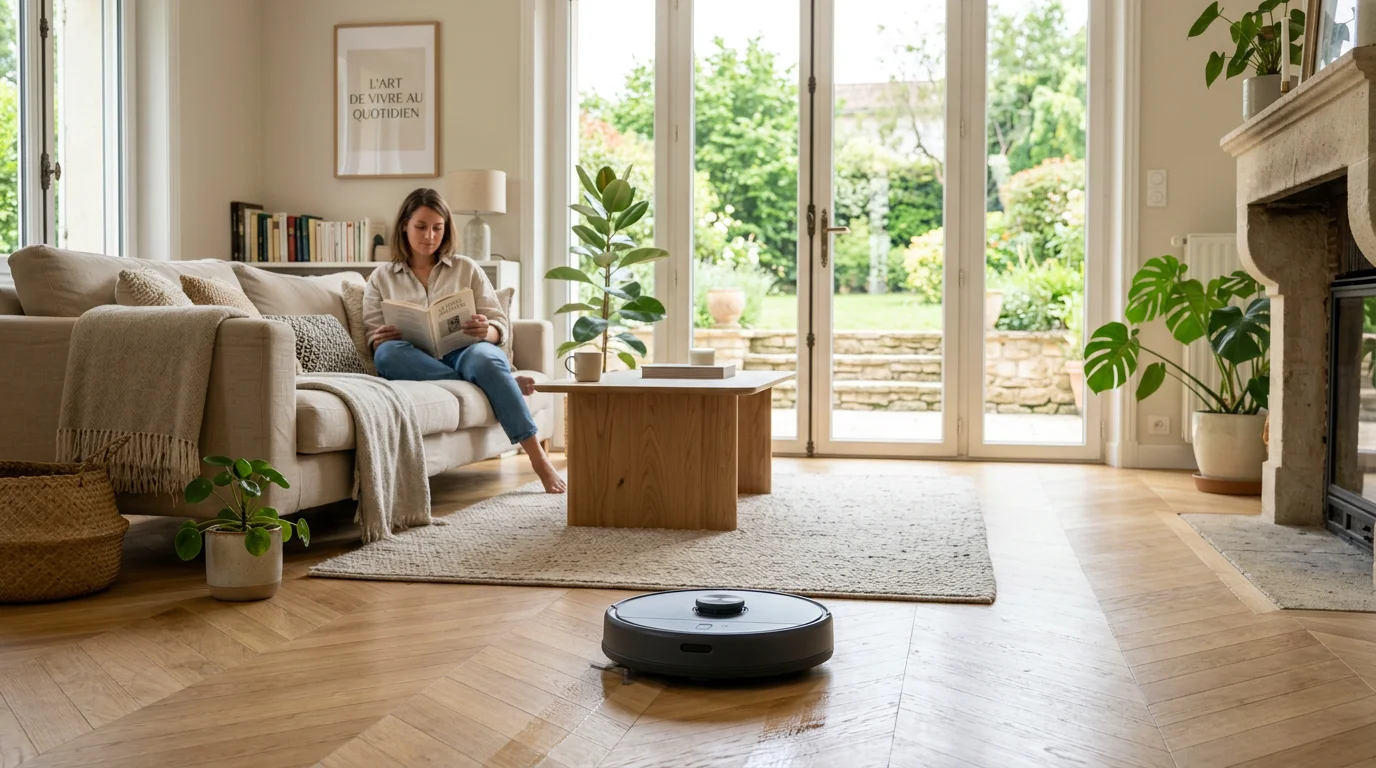 Aspirateur robot laveur nettoyant le sol d'un salon avec baies vitrées