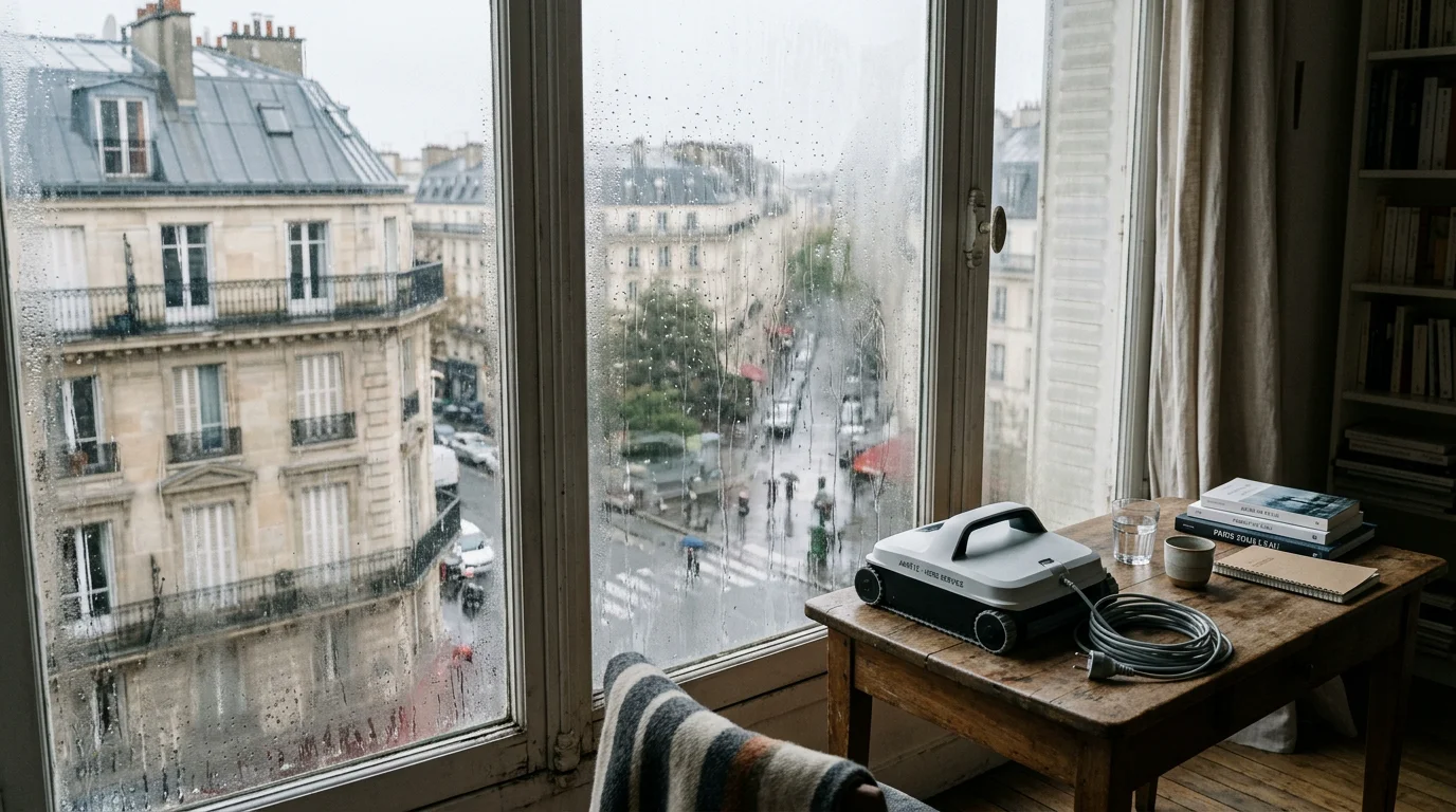 Vitre couverte de pluie et de condensation avec un robot lave-vitre éteint posé à côté
