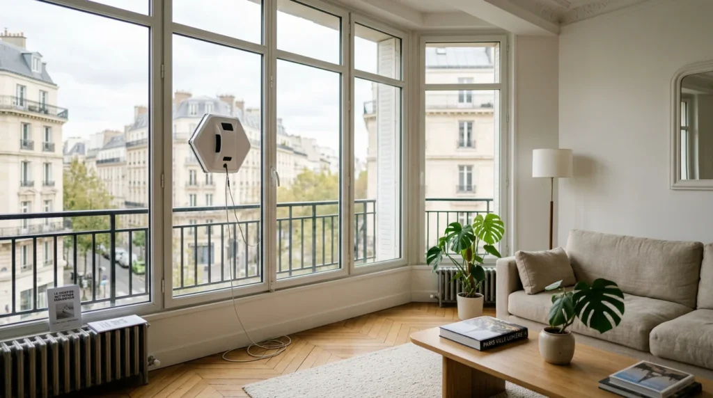 Robot lave-vitre nettoyant une grande baie vitrée dans un appartement lumineux