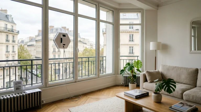 Robot lave-vitre nettoyant une grande baie vitrée dans un appartement lumineux