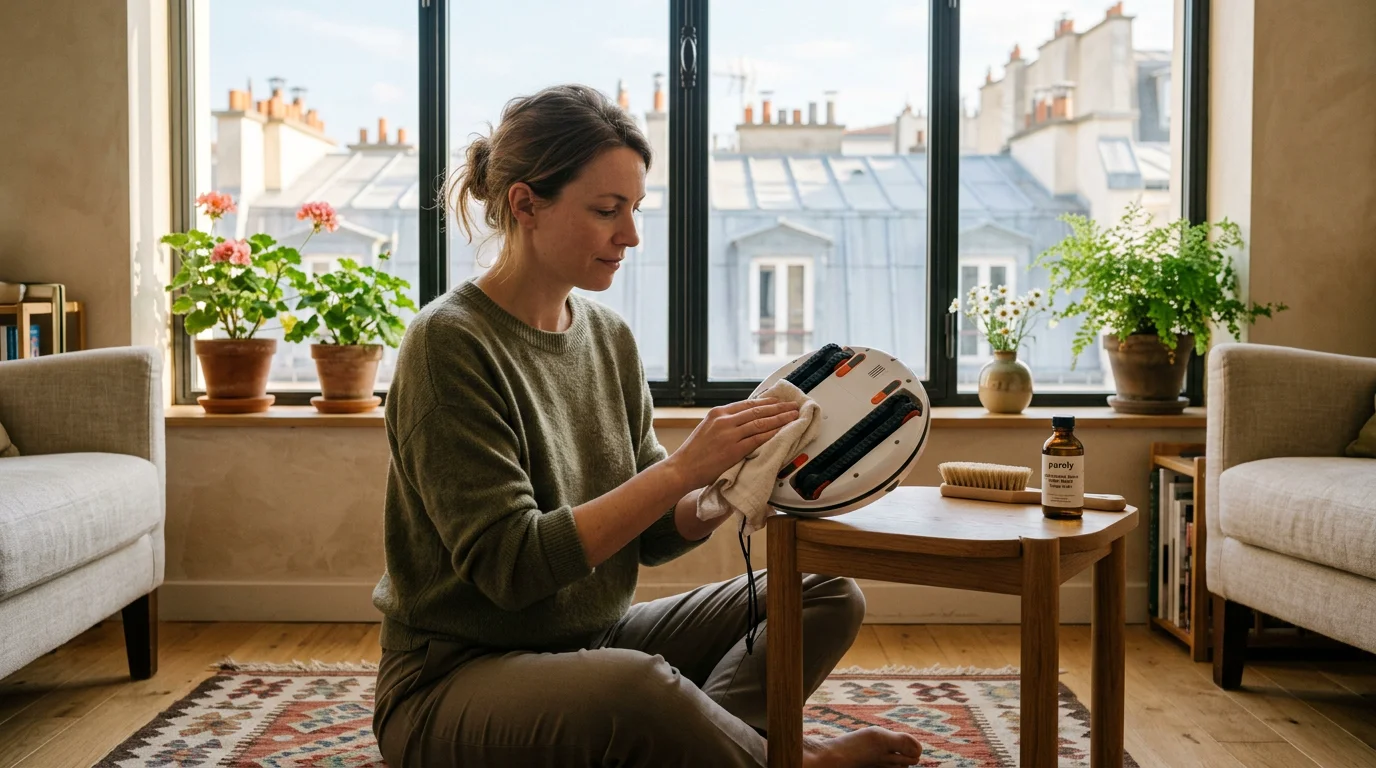 Personne nettoyant les chenilles et capteurs de son robot lave-vitre