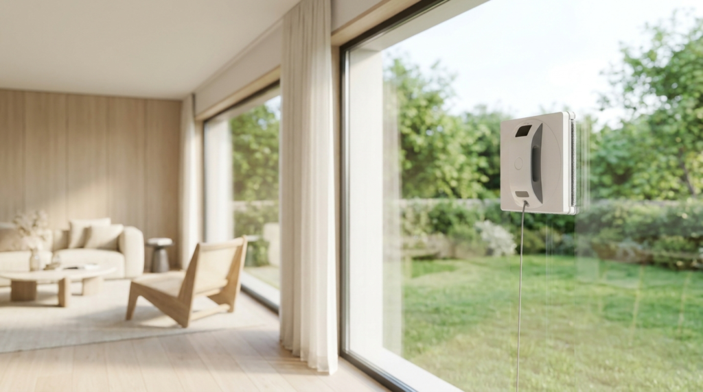 Robot lave-vitre en fonctionnement sur une grande baie vitrée d un salon moderne