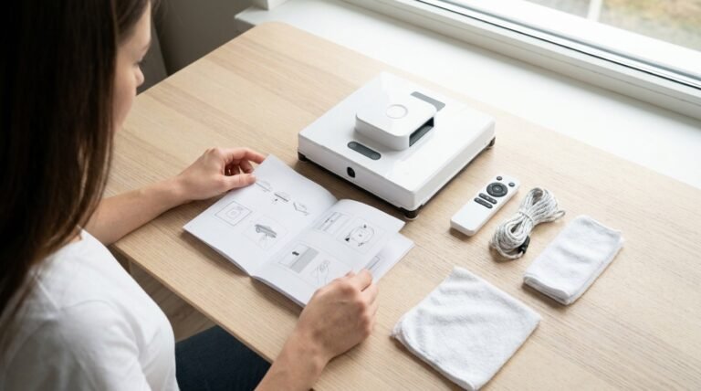 Lecture de la notice en français d'un robot lave-vitre, avec télécommande, corde de sécurité et lingettes