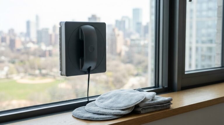 Robot lave-vitre carré anthracite sur une fenêtre d'appartement, pile de lingettes microfibres de rechange