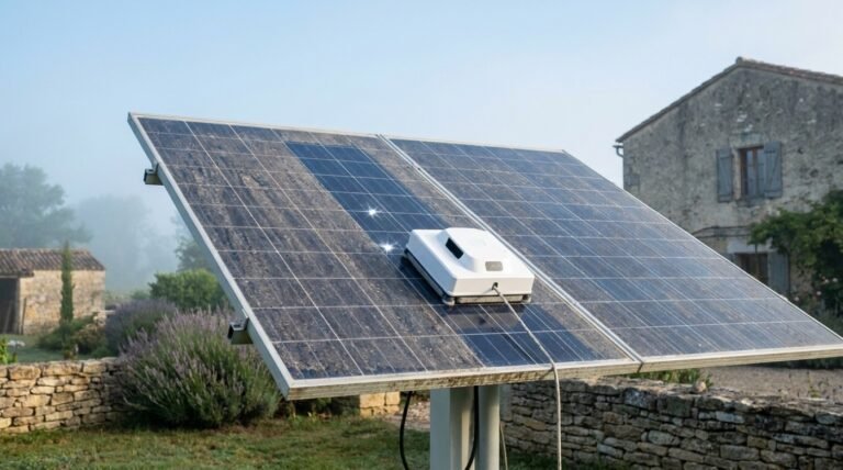 Robot lave-vitre nettoyant des panneaux solaires photovoltaïques, moitié du panneau déjà propre