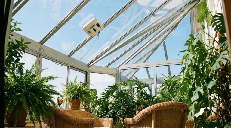 Robot lave-vitre au travail sur la toiture vitrée inclinée d'une véranda, corde de sécurité attachée